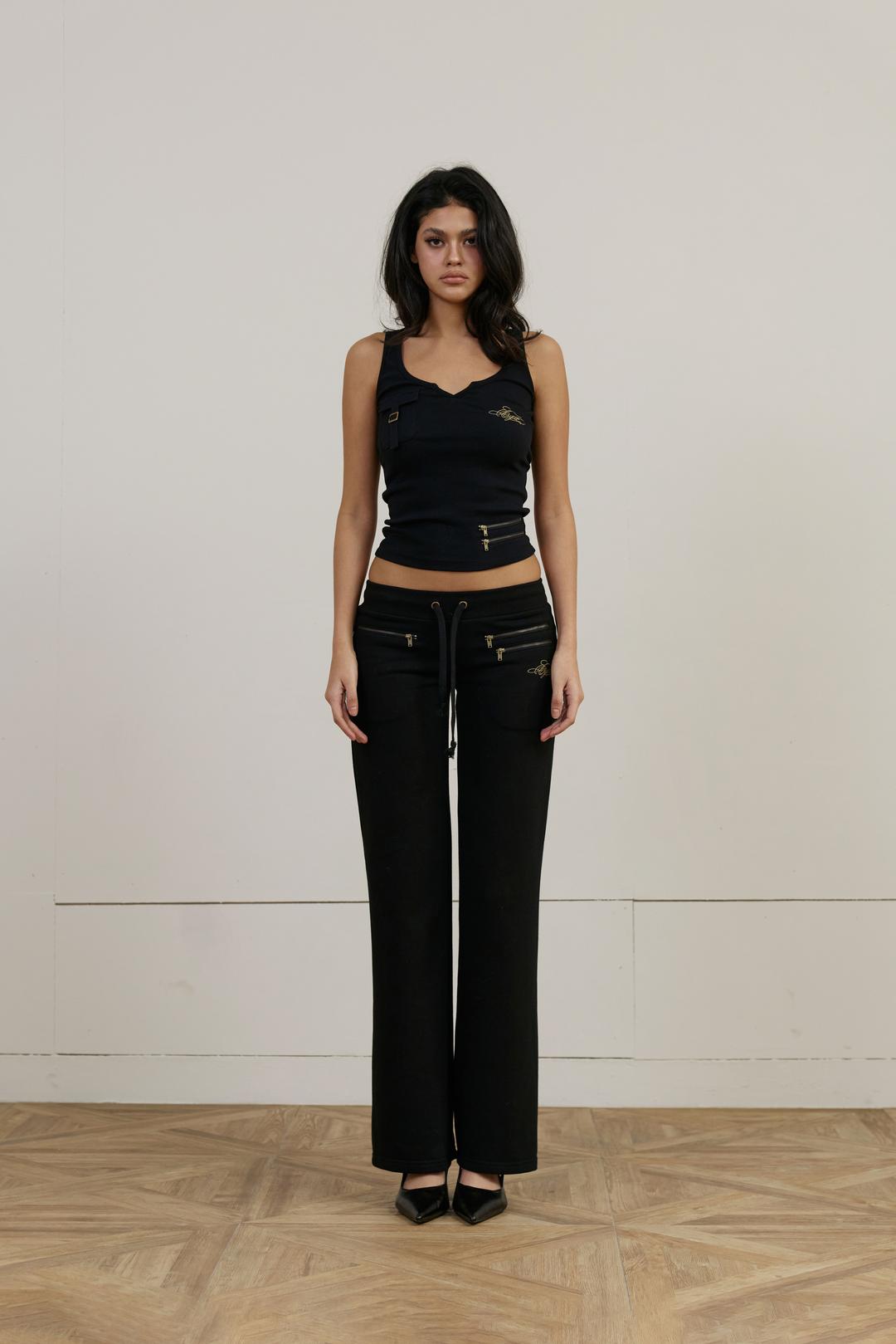 Script Logo Zipper Ribbed Sleeveless - Black