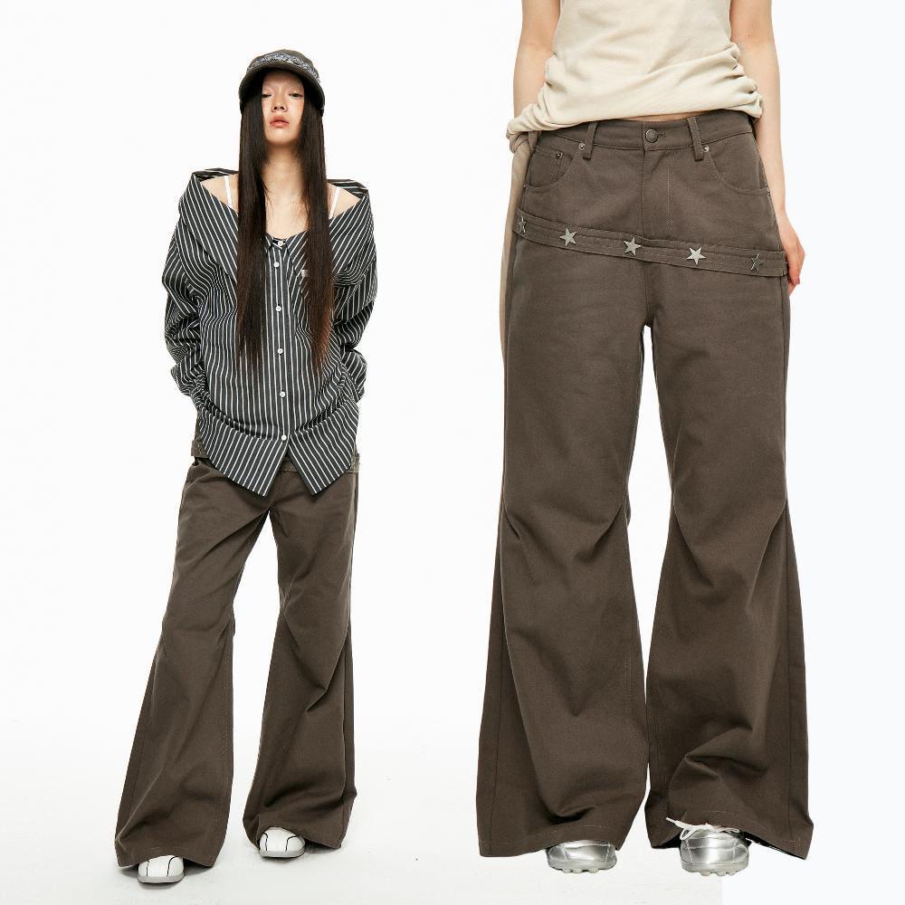 JIKOO 스타 리벳 플리츠 캐주얼 와이드 팬츠