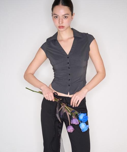 Chloe V Shirt Top (Deep Charcoal/Stripe)