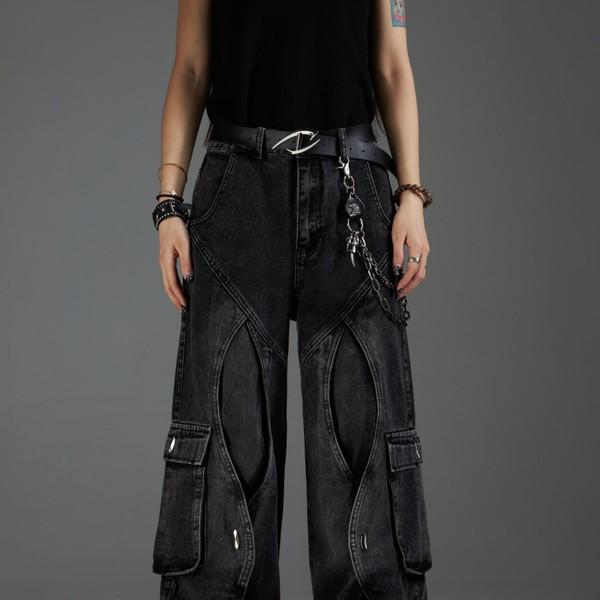 Washed Structure Multi-Pocket Splicing Jeans