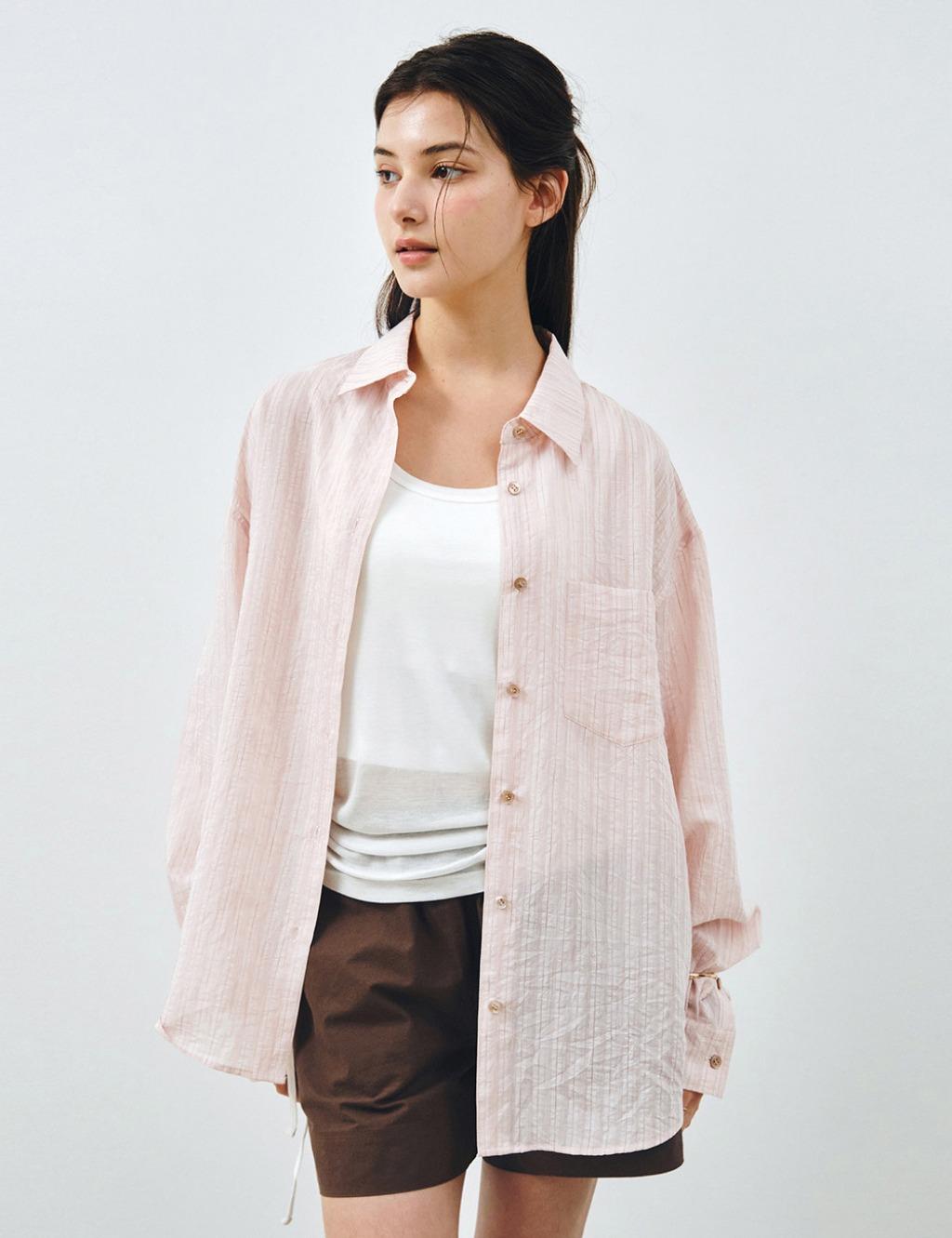 스트라이프 시스루 오버핏 셔츠 라이트핑크 MDSH019STLPINK