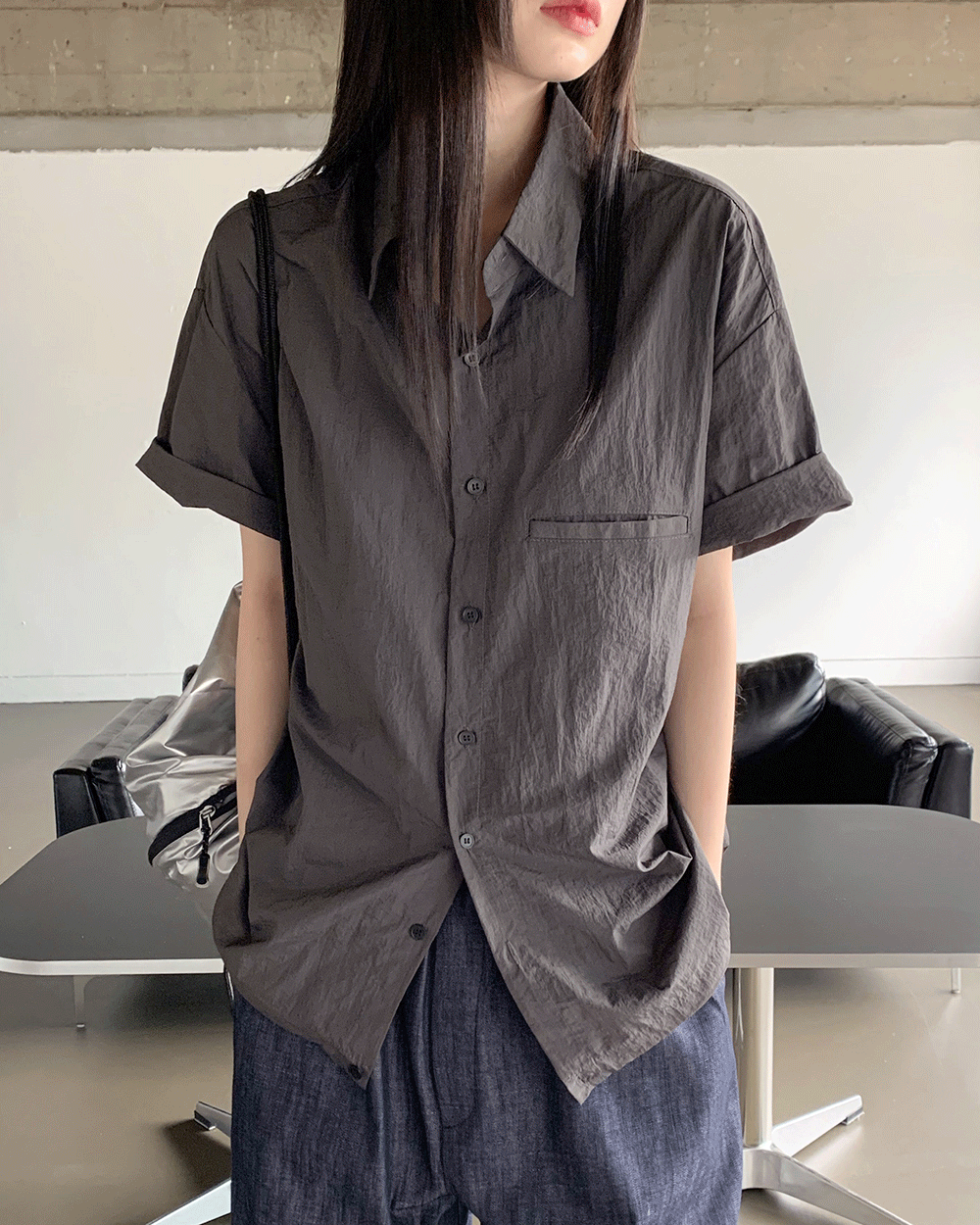 원더원더 [4천장 판매/UNISEX] 패스트 나일론 스트링 오버핏 반팔 남방 셔츠