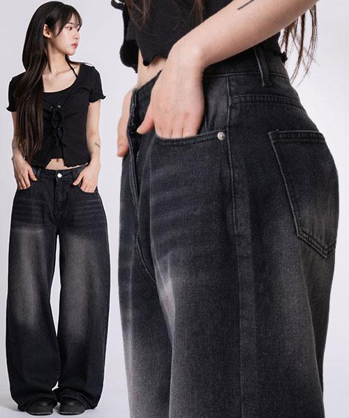 P53_[기본/롱/S~3XL/4컬러] 뒷밑단 워싱 와이드 데님 팬츠 / 난스판 코튼 청바지 면팬츠 PT 사계절_흑청
