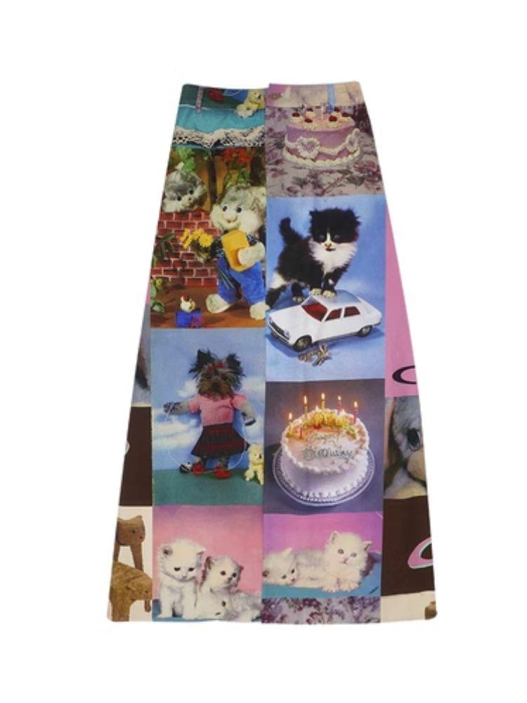 Cat Cake Birthday Print Casual Long Half Skirt【s0000005063】