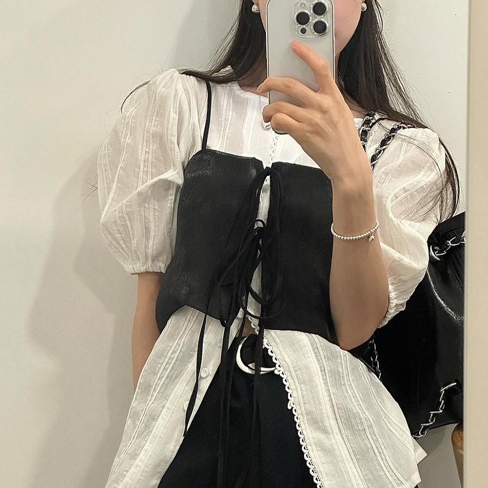 로어 레이어드 스트링 새틴 끈나시 뷔스티에, FREE, 브라운