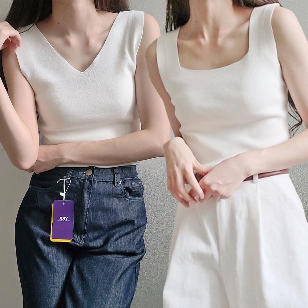 데니 스퀘어 브이넥 겸용 민소매 슬리브리스 니트탑