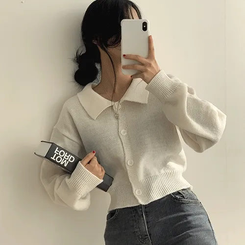[ 예쁜핏/귀여워요! ] 웨이 카라 단추 가디건 니트