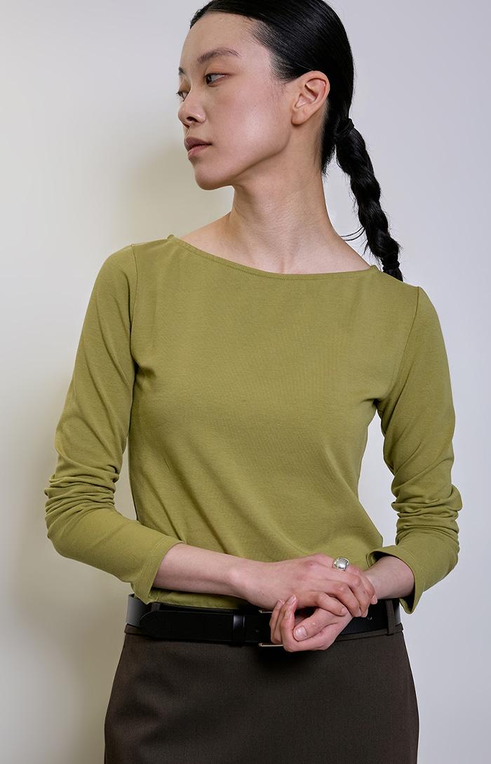 Boat-neck Long-sleeve T- shirt_Olive