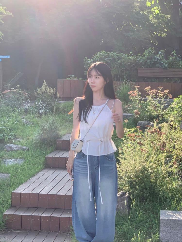 위크 스트링 홀터넥 나시 블라우스 (3col) - 여름 나일론 민소매 슬리브리스 뷔스티에 레이어드 바캉스 여행룩