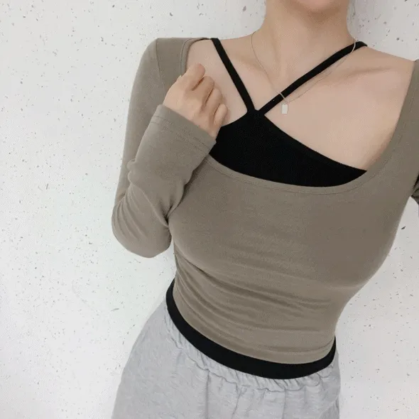 [레이어드필수템!] 발레코어룩 Y2K 사계절 언발 슬림 스판 이너 민소매 홀터넥 끈 나시 4color