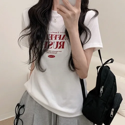 [데일리!] 카페인 심플 배색 레터링 라운드 반팔 티셔츠 (3color)