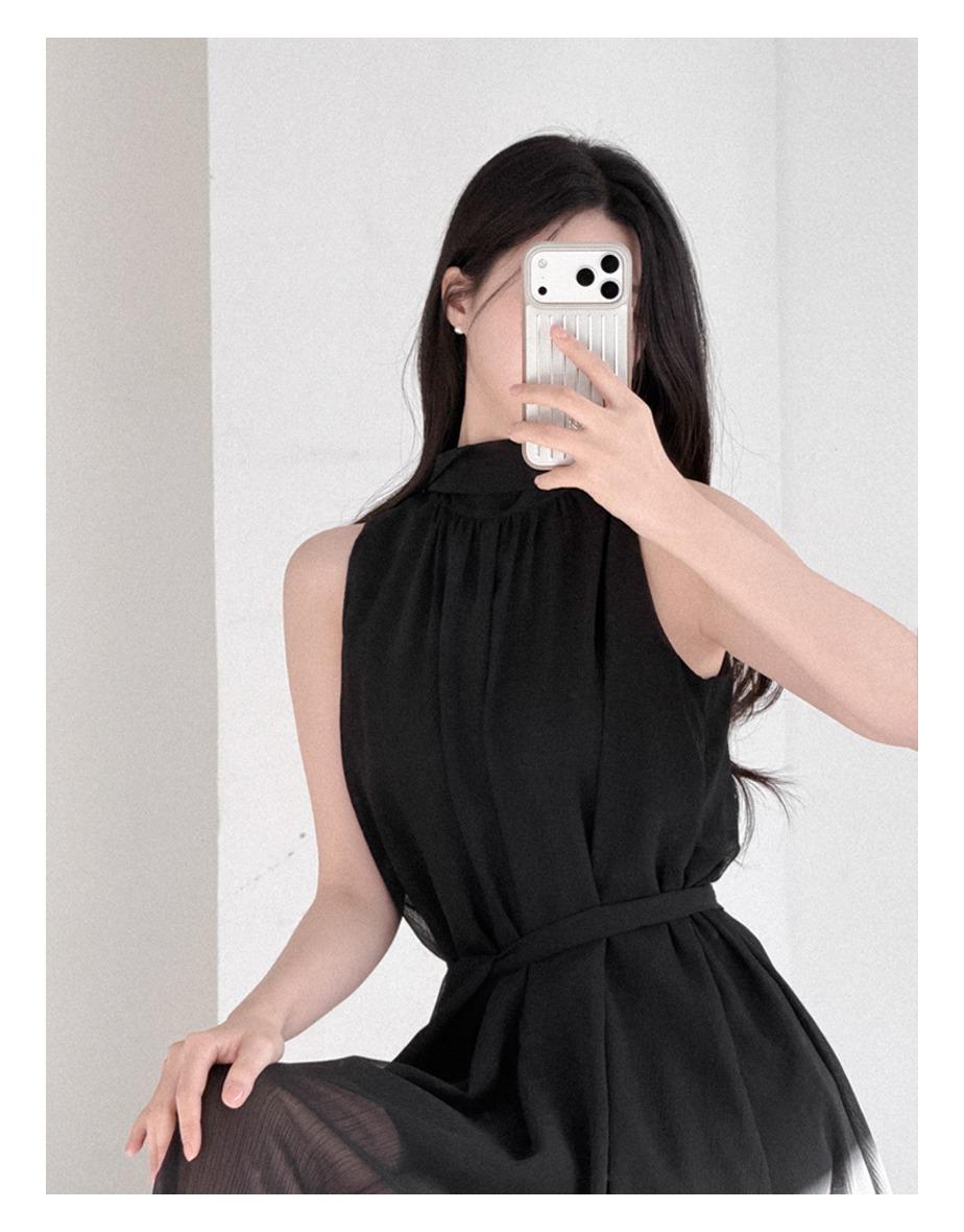 [long/mini] [strap_set] 쉬폰 타이 원피스 [블랙]