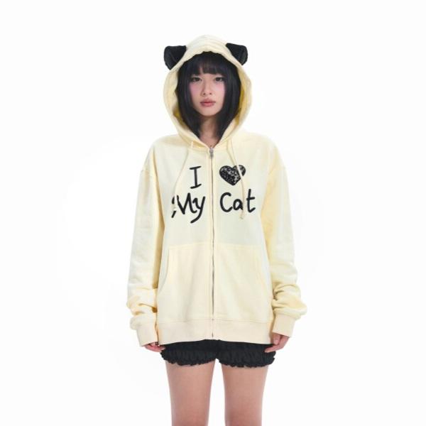 Eat me Plz 고양이 후드집업 옐로우 루즈핏 i love my cat 후디