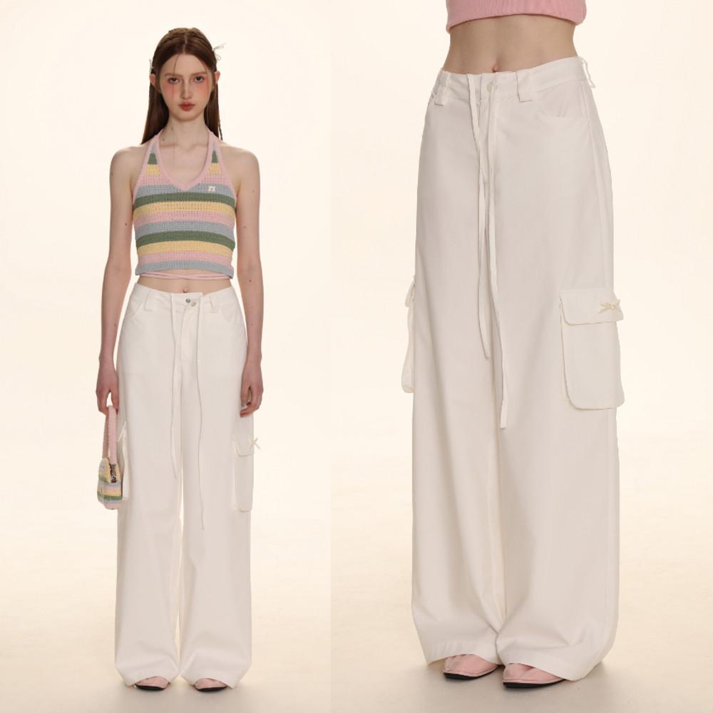 MOROMORO2 모로모로2 리본 팬츠 스트레이트 화이트 와이드 팬츠 발레코어룩