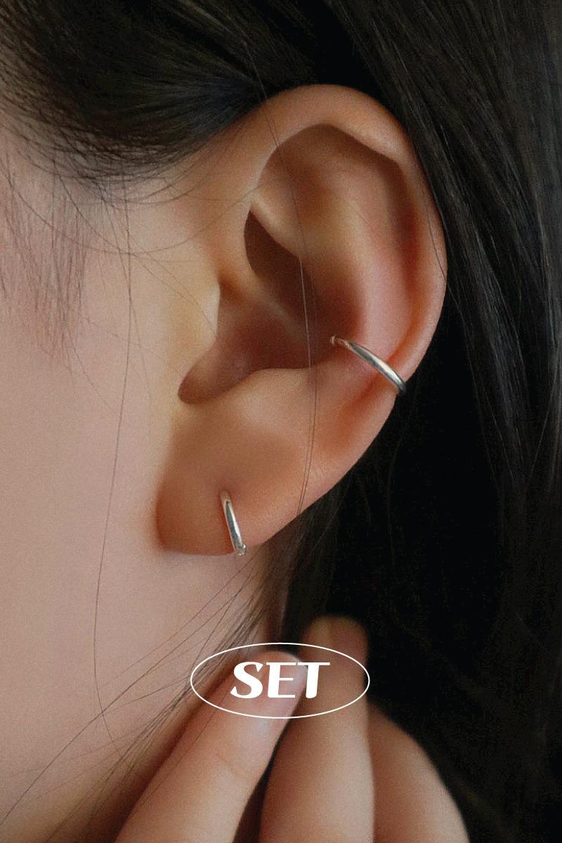 무드크로키 [SET] 925silver 씬즈 원터치 귀걸이 (8, 10, 12mm) & 씬즈 이어커프 귀찌 (1ea) 세트