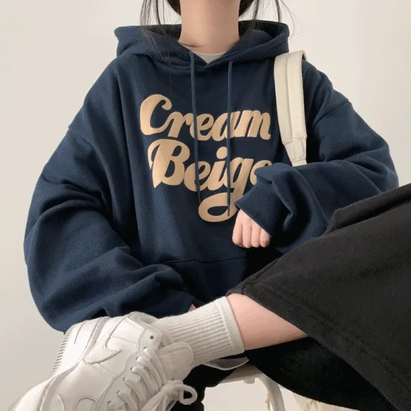 [기모/캐주얼] 크림베이지 발포 루즈핏 기모 후드티 [4color]