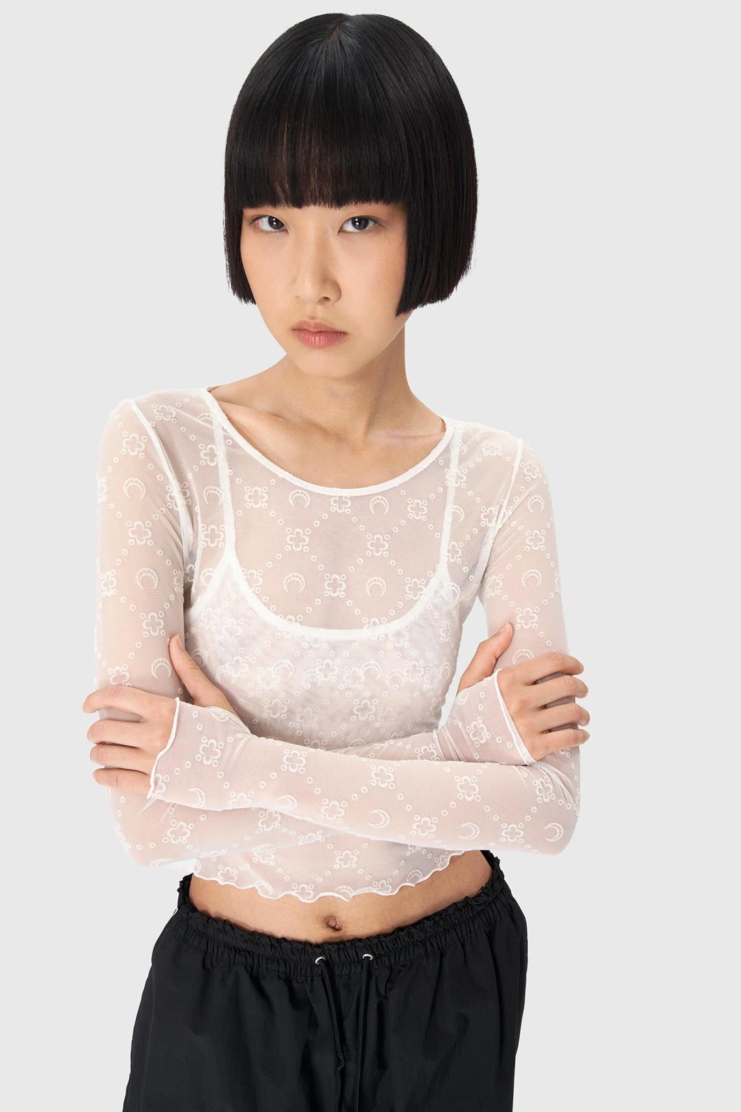 리사이클드 메쉬 플록 크롭 탑 화이트