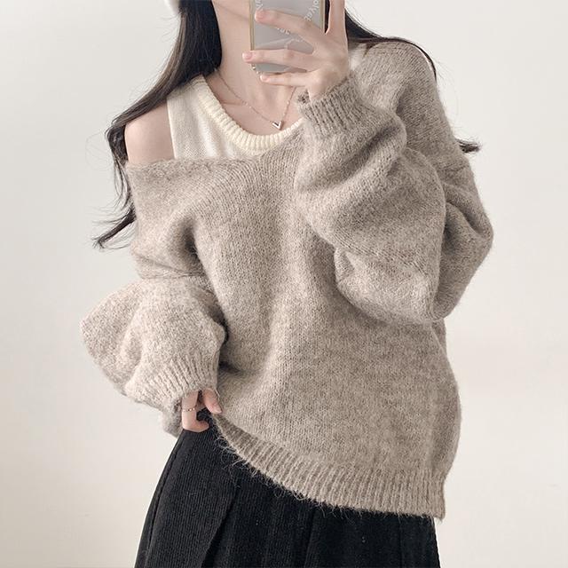 피치모드 [나시+니트SET/가을겨울] 마리 몽글 앙고라 레이어드 트임 오프숄더 니트 나시세트 (3color)