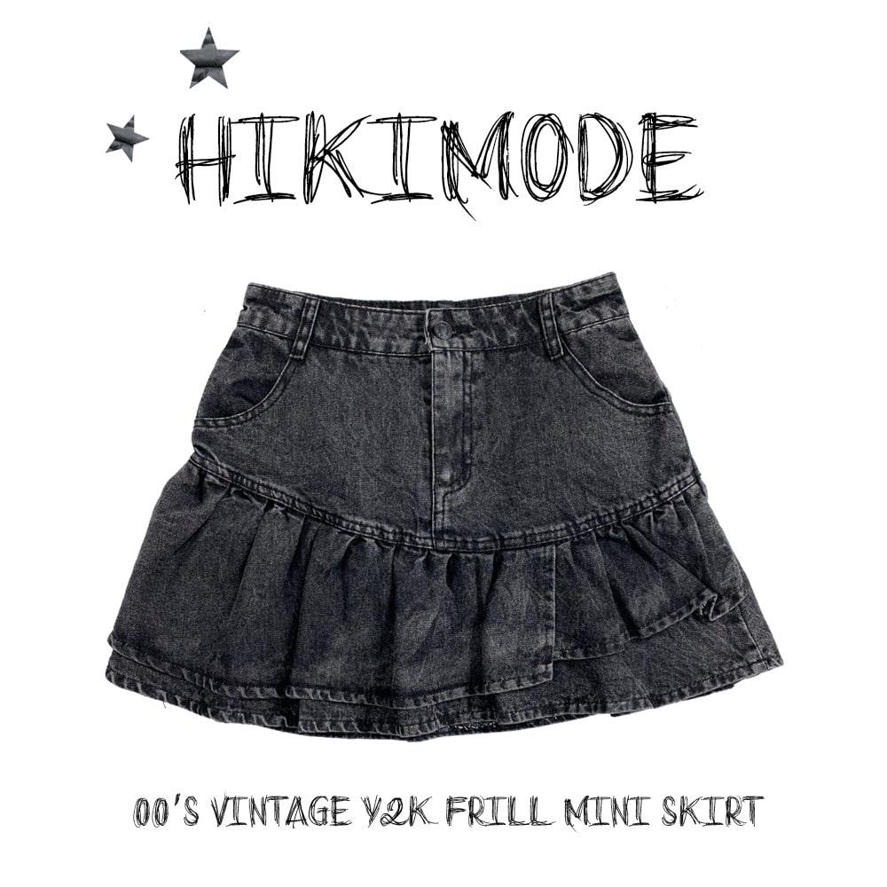 히키모드 00's 빈티지 레트로 Y2K 사선 프릴 캉캉 흑청 데님 미니스커트