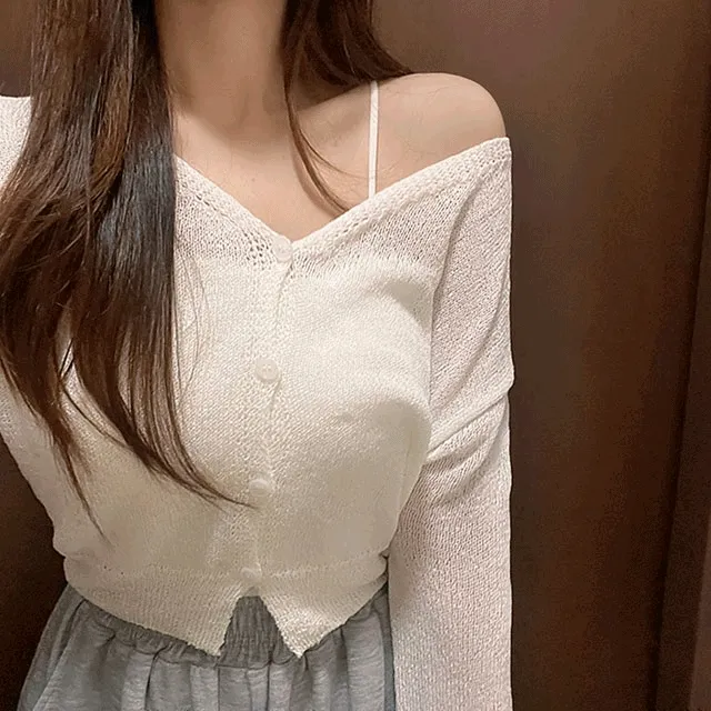 [살안타템/여름니트] 브이넥 여름 긴팔 그물 니트 크롭 가디건