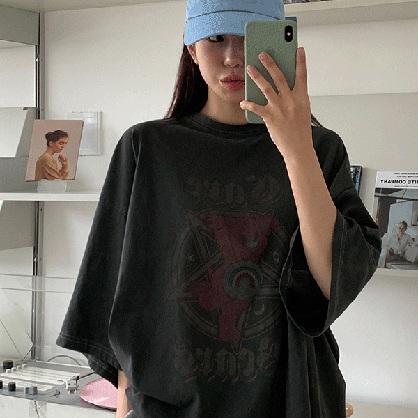 본지샵 [무료배송]빈티지 베어 피그먼트 박시핏 반팔 티셔츠 - t(남녀공용,오버핏,빅사이즈,빈티지,66-77)