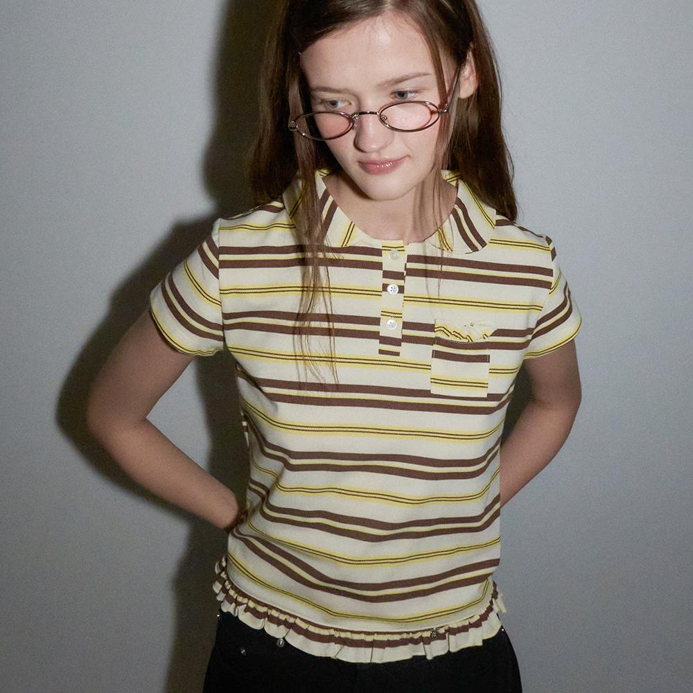 RUFFLE ROUND COLLAR PK T SHIRT CREAM BROWN STRIPE