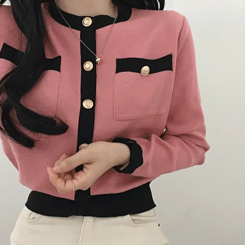 [고급스러운] 제니 배색 금장 버튼 라운드 가디건