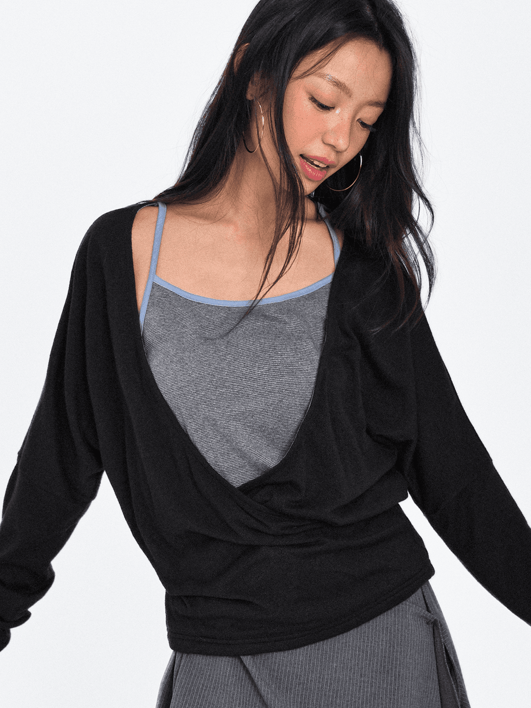 Stripe Layered Twisted Knit Top_Black