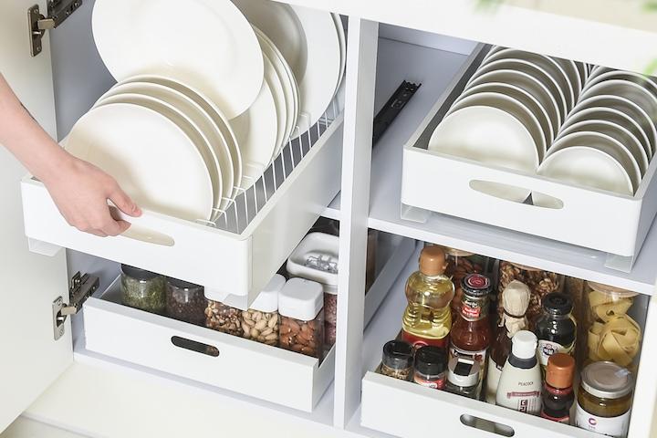 싱크대선반 하부장 접시 그릇 밥솥 정리대 레일 슬라이딩 주방 선반 6종