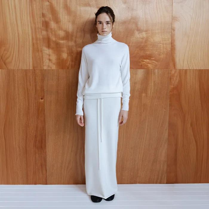 MERINO WOOL BLEND STRING KNIT SKIRT - IVORY