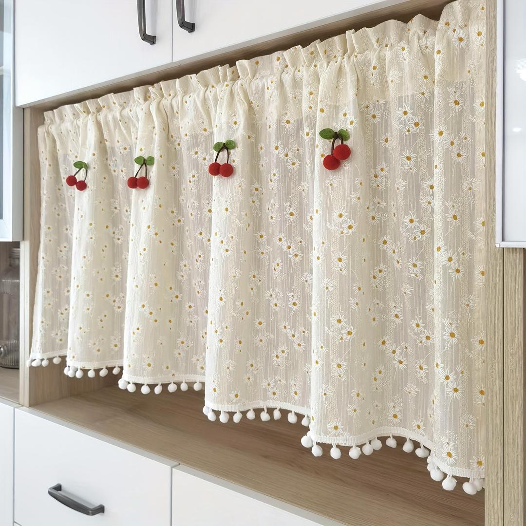 1PC 프랑스어 목가적 인 데이지 짧은 커튼 Valance 부엌에 대 한 빨간색 체리와 절반 드레이프 작은 창 캐비닛 베란다 커튼 거실 홈 장식