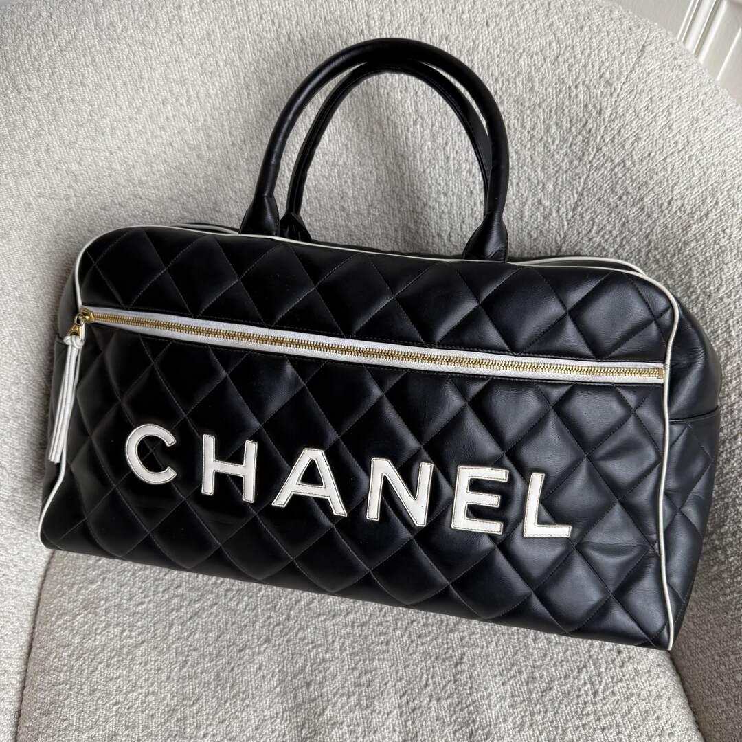 1995 Chanel Quilted Logo Duffel Black Boston Bag