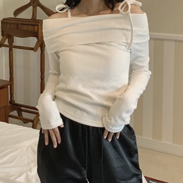 [러블리,3colors] 롤링 오프숄더 골지 리본 스트랩 스판 발레코어 티셔츠