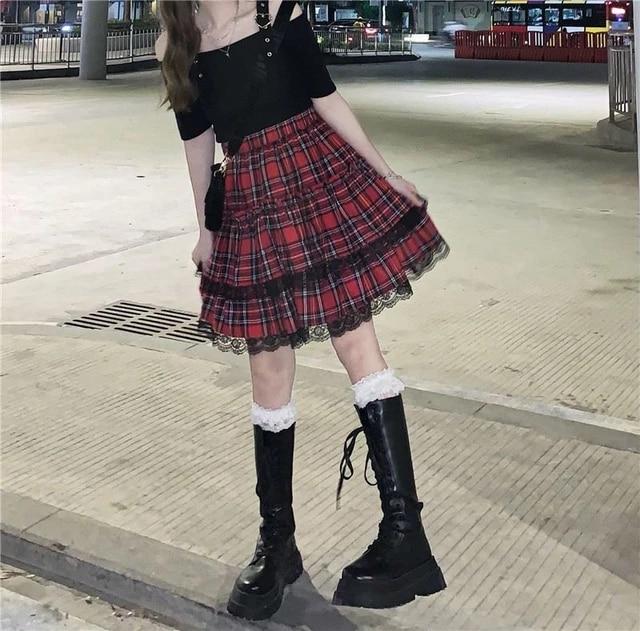 하이 웨이스트 레이스 고딕 스커트 Y2k 레이디 체크 무늬 a-라인 송아지 길이 레드 스커트 하라주쿠 스위트 한국 패션 의류 여성용, 여름