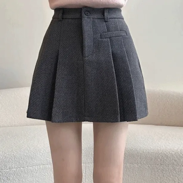 [모직소재💭/러블리/겨울] 미즈,모직 원버튼 포켓 플리츠 미니 스커트 [2color]