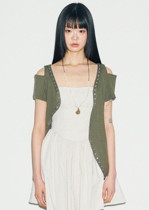 T19.00 Snap point Short-sleeved cardigan _ Khaki / 2차 재입고