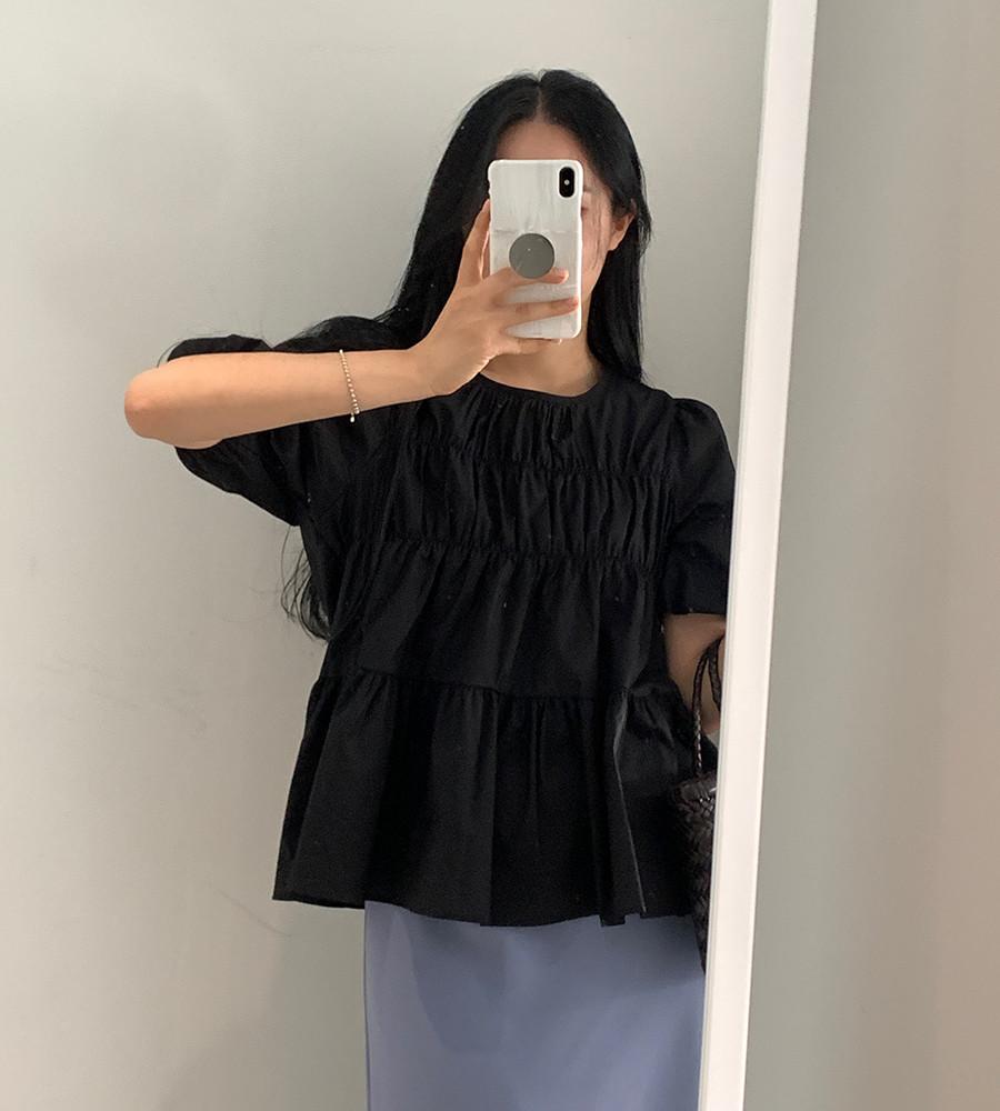 [당일배송 블랙1,소라12] 셔링 여름 하객룩 아방 볼륨 퍼프 반팔블라우스 올마인