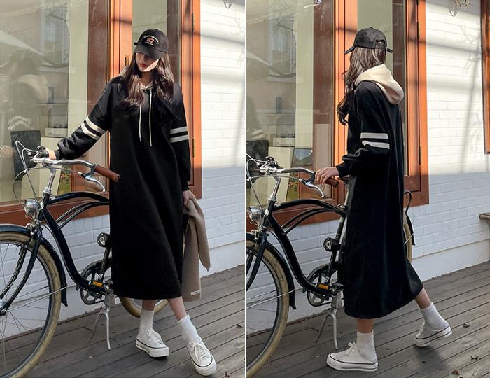 리드 배색 기모 후드 롱원피스