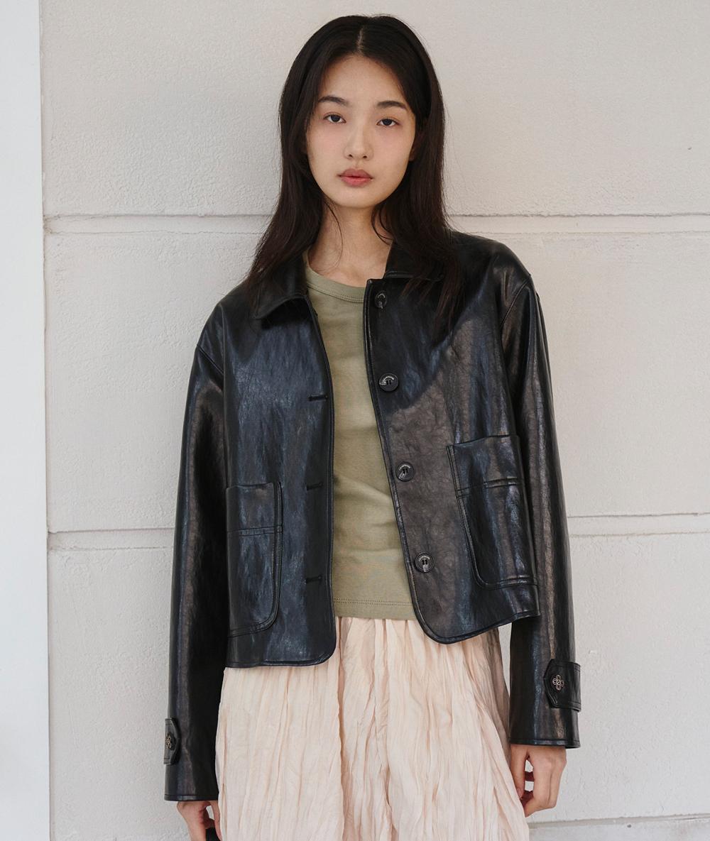 [KARA] 3차재입고 Round collar vegan leather jacket_2 colors