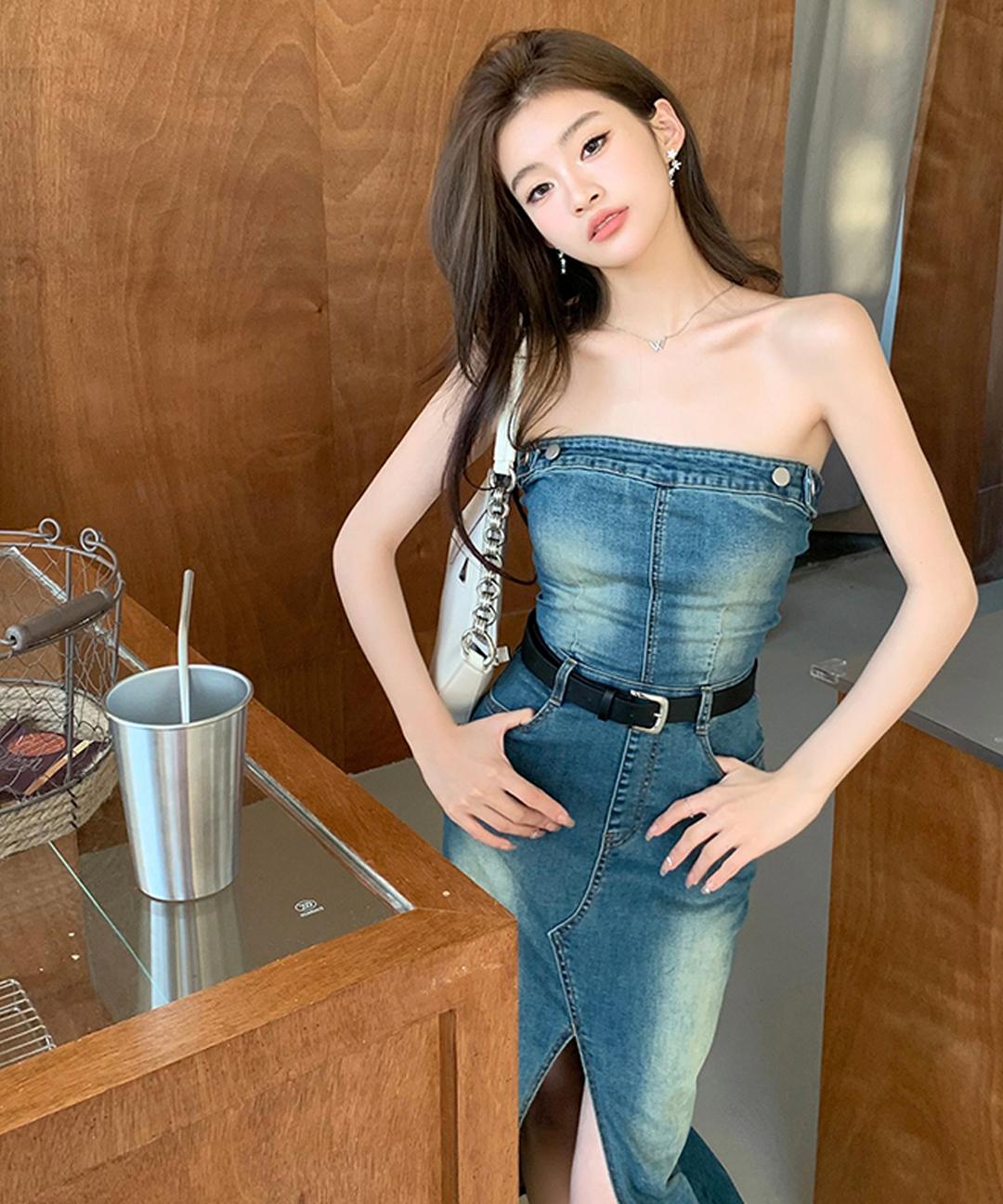 *당일발송* 봄신상 [S~XL][MADE][벨트SET] 사계절 튜브탑 슬릿 트임 슬림핏 워싱 데님 청 미디 롱 원피스 Z-SSC 4823