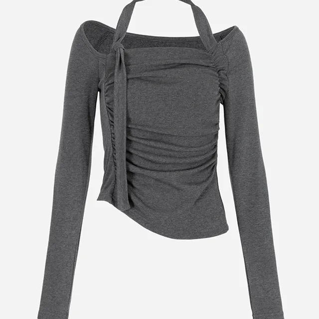 UNBAL SHIRRING HALTER NECK T-SHIRT 기모 안감 언발 셔링 홀터넥 티셔츠 기모 발레코어