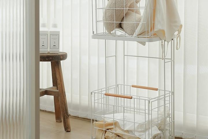 모던 철제 와이어 이동식 폴딩 2단 빨래바구니