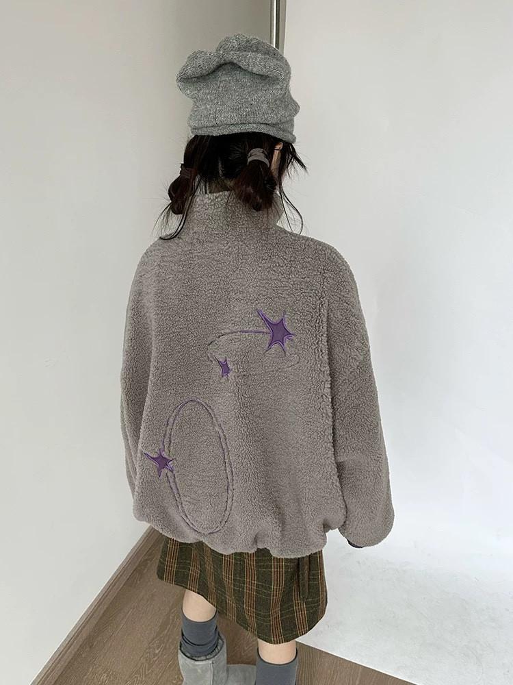 innomoood 남녀공용 자수 양면 퍼플 그레이 울 자켓