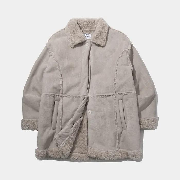 퍼 라인 디테일 오버핏 스웨이드 하프 무스탕  [베이지]