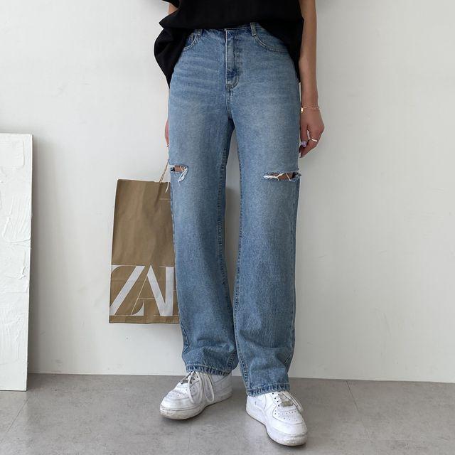 [꾸안꾸/포인트템] 찢청 하이웨스트 와이드 데님 팬츠 _ 알콜