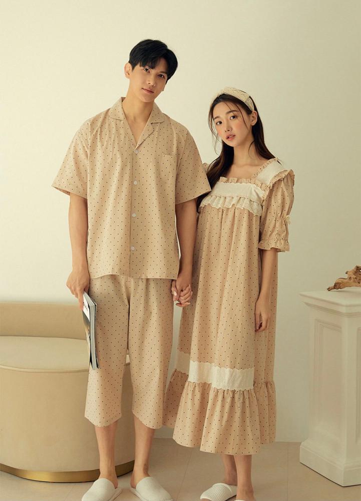 결혼선물강추ㅠㅠ국산 면100%신혼부부커플잠옷 원피스 상하세트 임산부잠옷 베이지 핑크