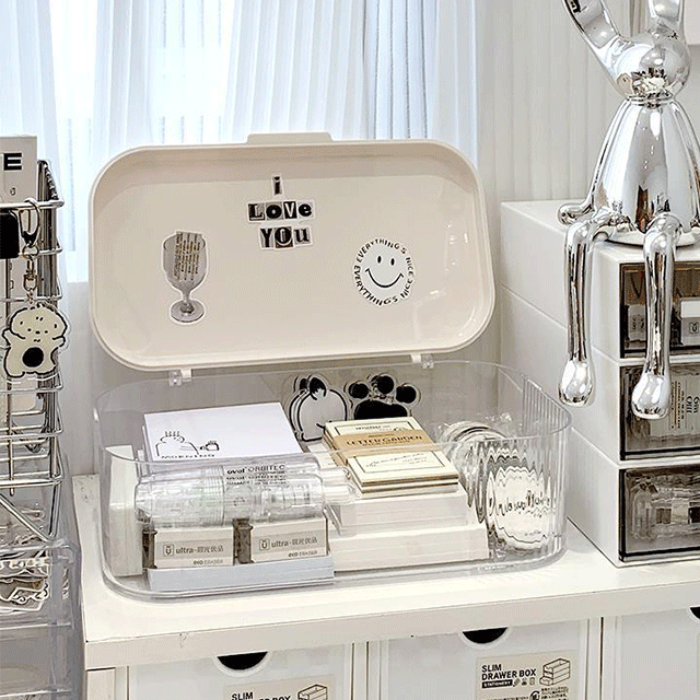 (NEW/선물증정) 큣셀링 문구 화장품 악세사리 투명 감성 럭셔리 다용도 보관 박스 정리함 화장품 인테리어 화장대 세면대 사무실 책상 수납 용품 소품 정리 정리함 보관함 수납함