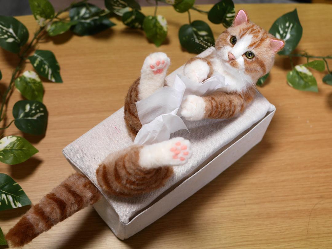 ★은★ 양모펠트고양이핸드메이드　흰차토라네코　티슈 박스 커버(주머니가 달린)