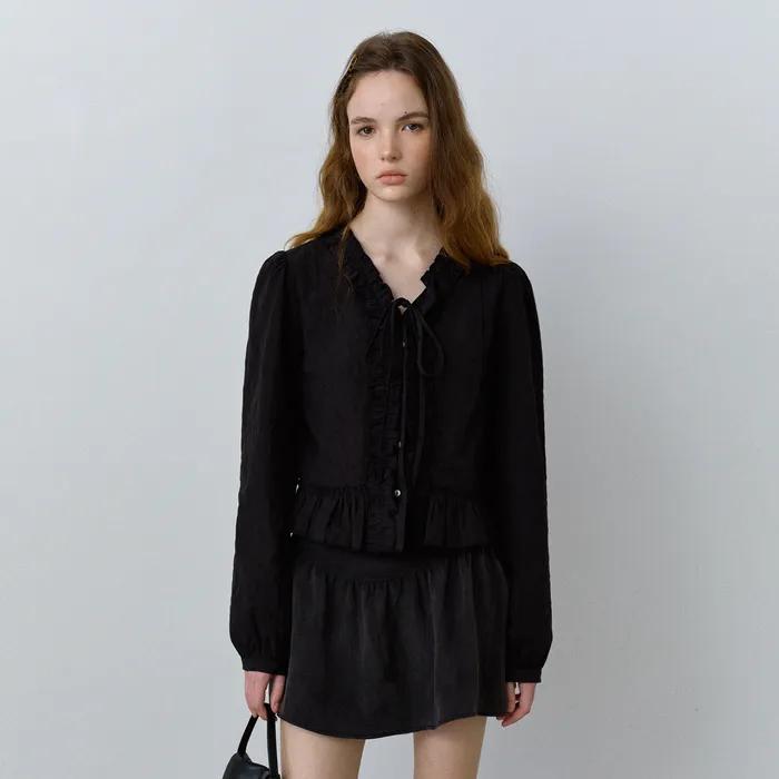 [지연 착용]도트 스트랩 프릴 블라우스 2Color