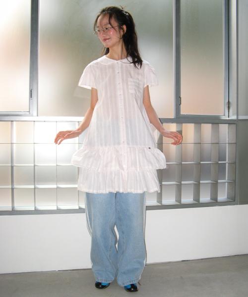 ROUND COLLAR FRILL KANGKANG SHIRT DRESS PINK STRIPE